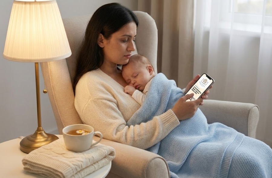 A mother holding her sleeping baby