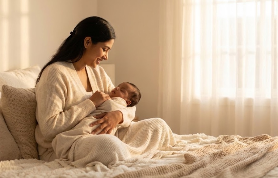A mother and her peacefully sleeping baby