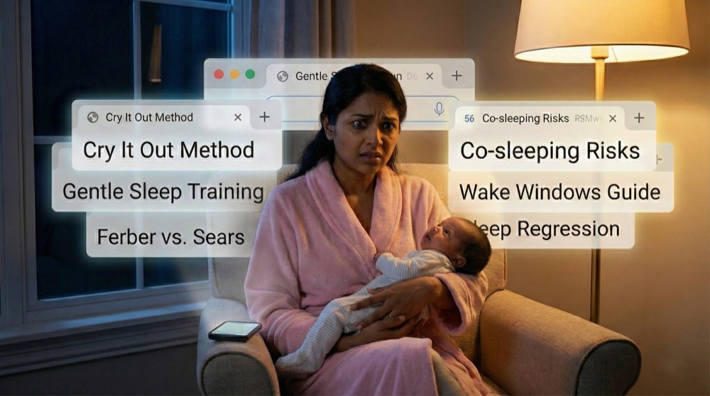 A tired mother feeding her baby at night, surrounded by conflicting sleep advice